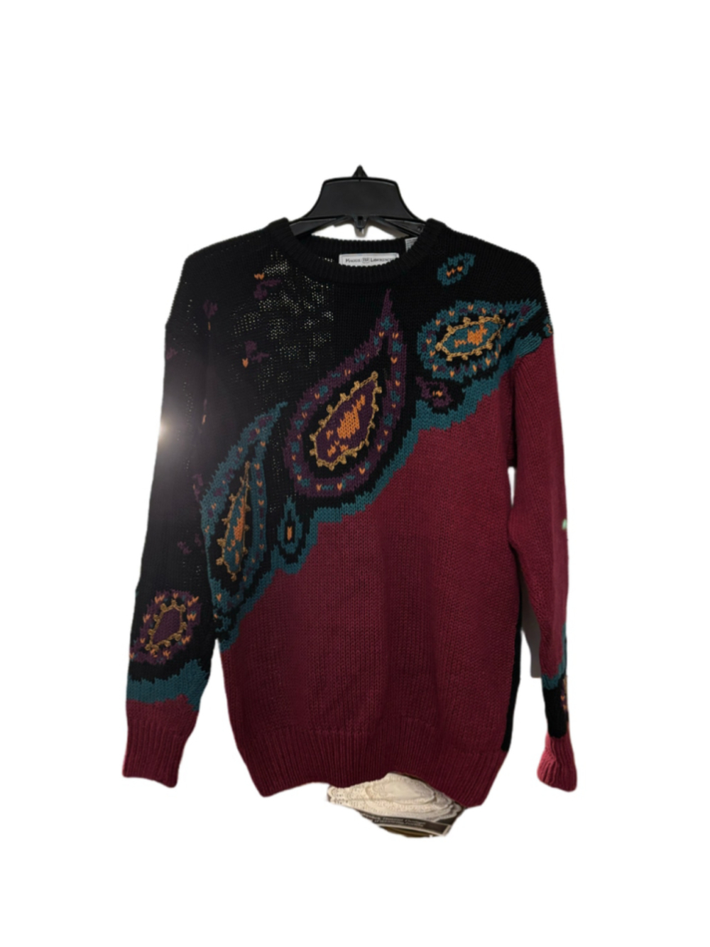 Women's Maggie Lawrence Crew Neck Sweater Size S Black Burgundy Paisley. Y2K